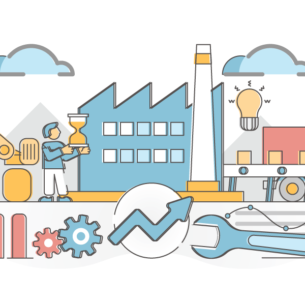 Illustrazione di una persona che tiene in mano una clessidra fuori da un'azienda con elementi grafici che richiamano l'importanza dell'intelligenza artificiale nell'automazione dei processi aziendali.