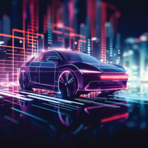 Immagine di un'auto con una visione futuristica, a simboleggiare l'impatto dell'intelligenza artificiale nel settore automobilistico