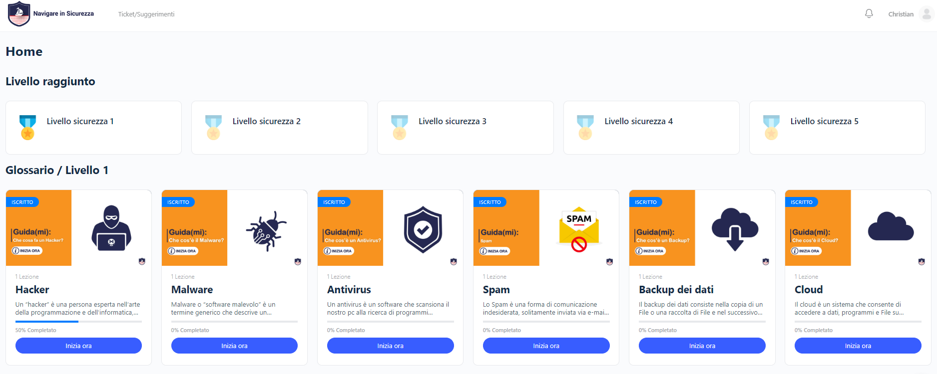 immagine della homepage di training, una piattaforma di formazione e-learning sulla sicurezza informatica, l'intelligenza artificiale e l'automazione dei processi dedicata al personale aziendale non specializzato.